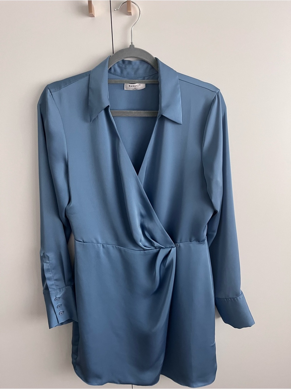 Aritzia Babaton Dusty Blue Satin Faux-Wrap Dress